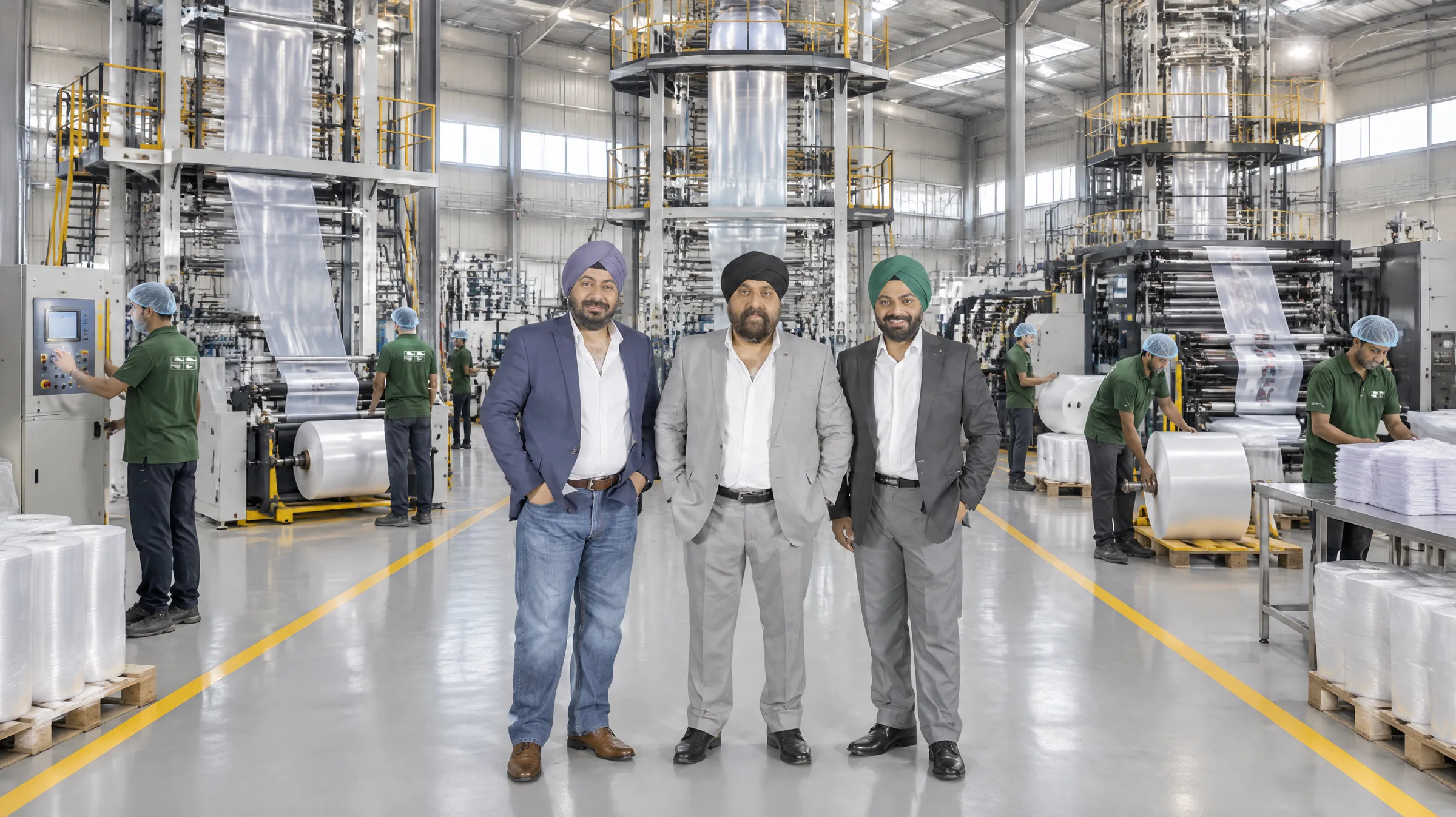 The three core team members standing on the factory floor, with workers at the film-blowing machines behind them