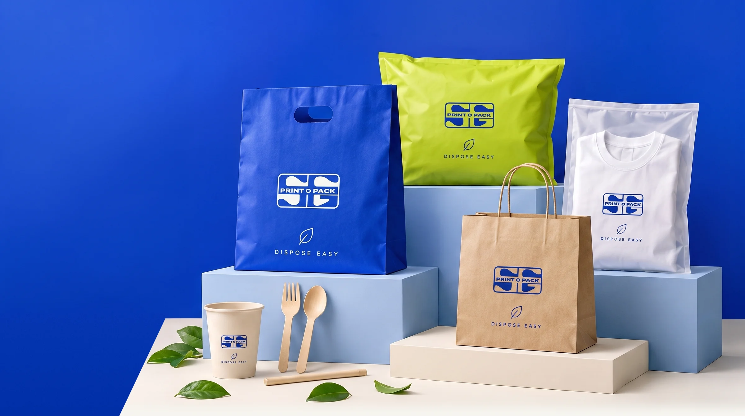 SG Print O Pack carry bag, courier bag, garment bag, paper bag, paper cup and cutlery